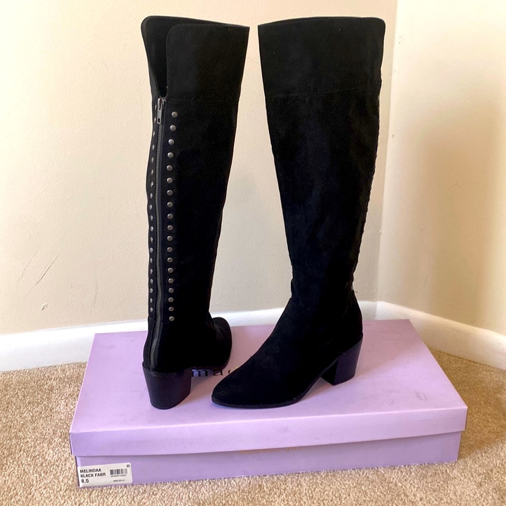 Faux suede, studded zipper line knee high boots